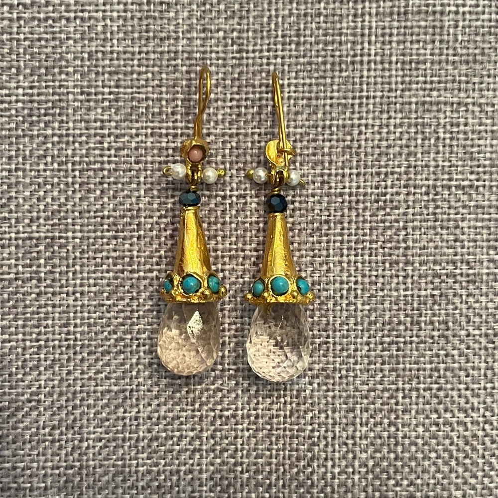 Gold Drop Earrings with Faceted Crystal & Turquoise Accents